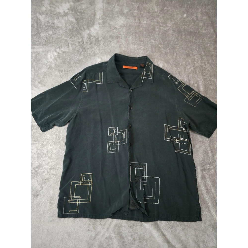 Axis Mens Shirt XL Black 100% Silk Short Sleeve Geometric Embroidered Button